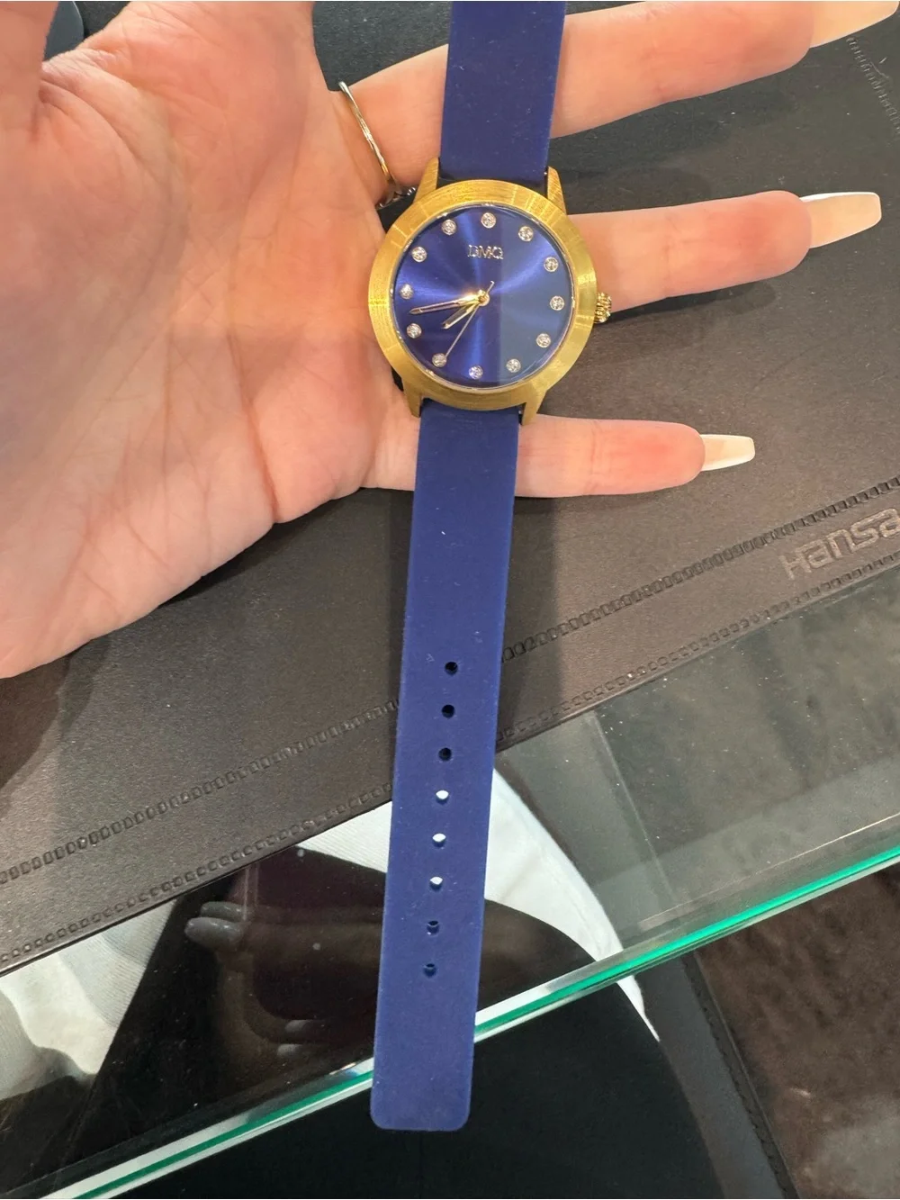 New DMQ Women’s Gold tone & blue Watch w Crystal Markers and rubber Strap